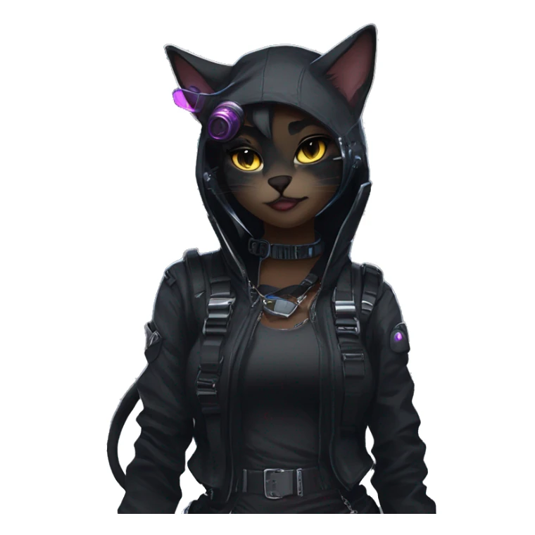 Gorgeous dark techwear cyberpunk style sona anthro cat, aesthetic, and pretty edgy black with collar and harness, trending style sticker