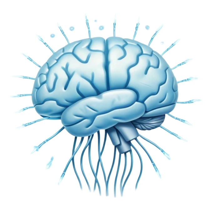 Floating pearl and light blue capsule orbiting around a translucent brain with bright sparks connected to a glowing neural network, all wrapped in a soft fog representing mental focus sticker