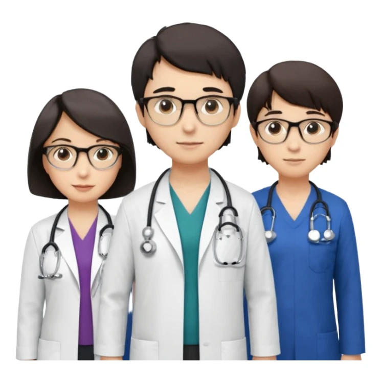 Four doctors standing together:

a female doctor with dark-colored short bob hair,

a young male doctor,

an older male doctor with white hair wearing glasses,

and a female doctor wearing glasses. sticker