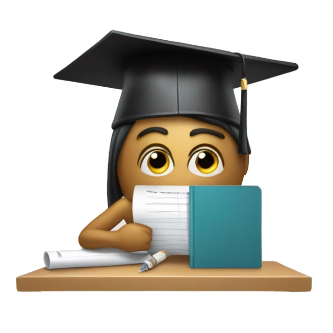 A figure with a graduation cap holding a pen, sitting at a desk with papers, and a small hourglass icon in the corner. It could also include a subtle anxious expression to reflect the common feelings associated with exams. sticker