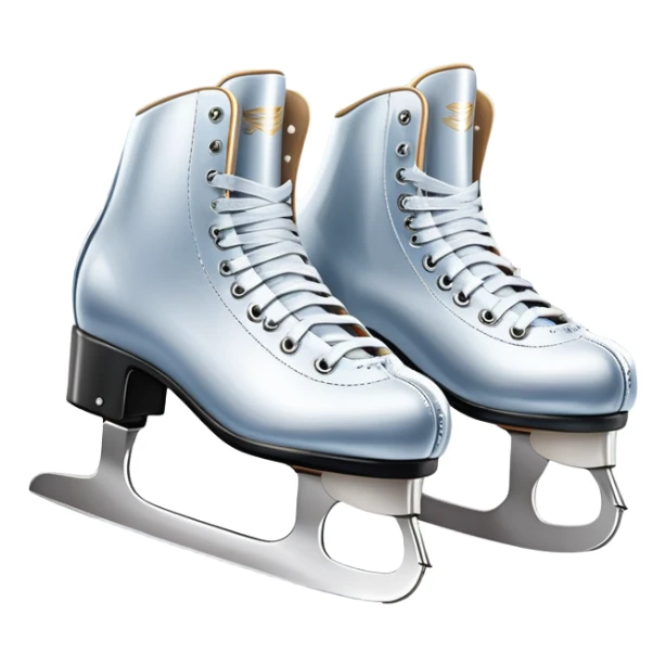 An icon showing elegant figure skates in close-up on a glossy ice surface, with a graceful skater performing in the background. The scene is set inside a grand indoor ice arena with spotlights, decorative banners, and a cheering audience. Transparent background. sticker