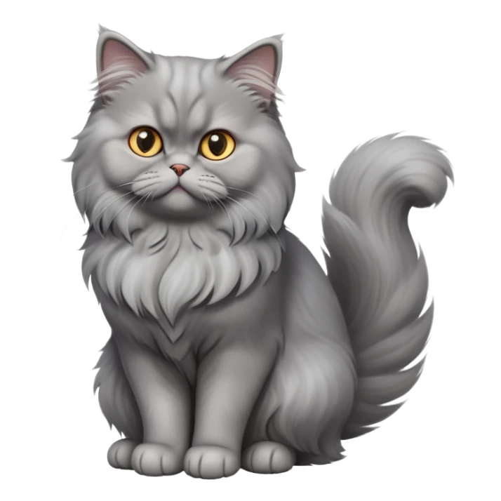 cinematic-[grey persian cat]-realistic-full-body-sitting-emoji,-tail-curled-playfully-around-its-paws,-head-tilted-dramatically,-fluffy-[grey]-fur,-simplified-yet-realistic-focused-features,-highly-detailed,-glowing-with-an-almost-sarcastic-glow sticker
