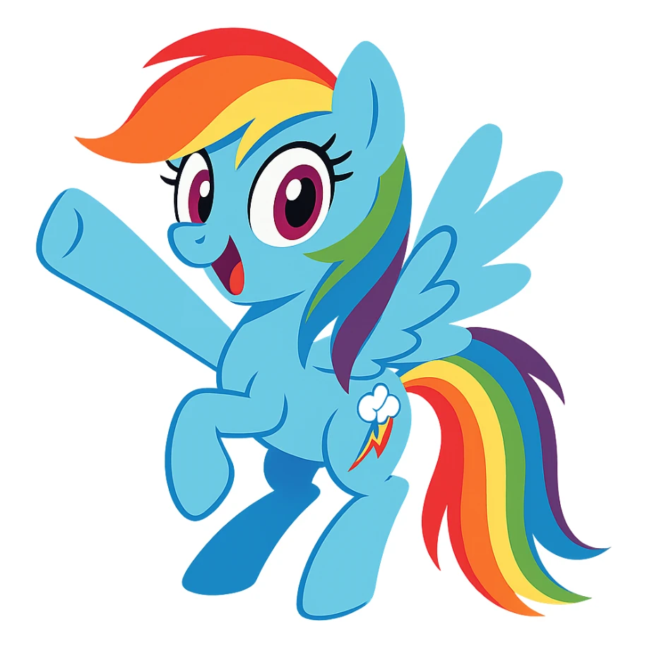 Rainbow Dash from My Little Pony, vibrant colors, energetic pose, cartoon style sticker