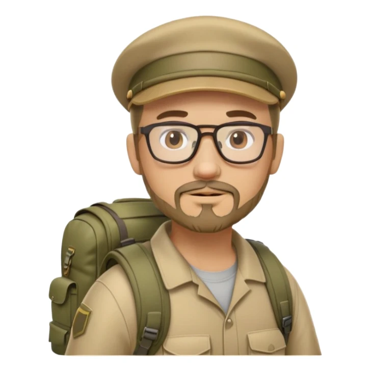 adventurer with goatee beard (no beard on cheeks), short hair, glasses, backwards military tan cap and backpack sticker