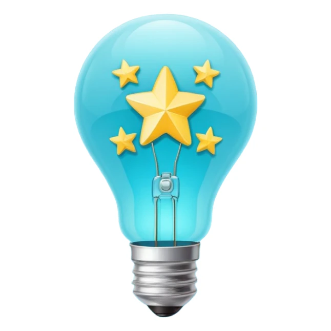 Light bulb icon with three small stars inside the bulb, flat emoji style, outline with blue and turquoise colors, white background sticker