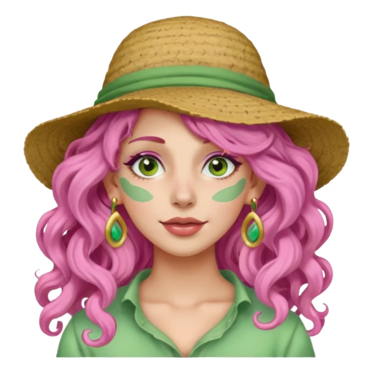 pink haired very long curly haired woman with full face light green clay mask  and big earrings and hat sticker