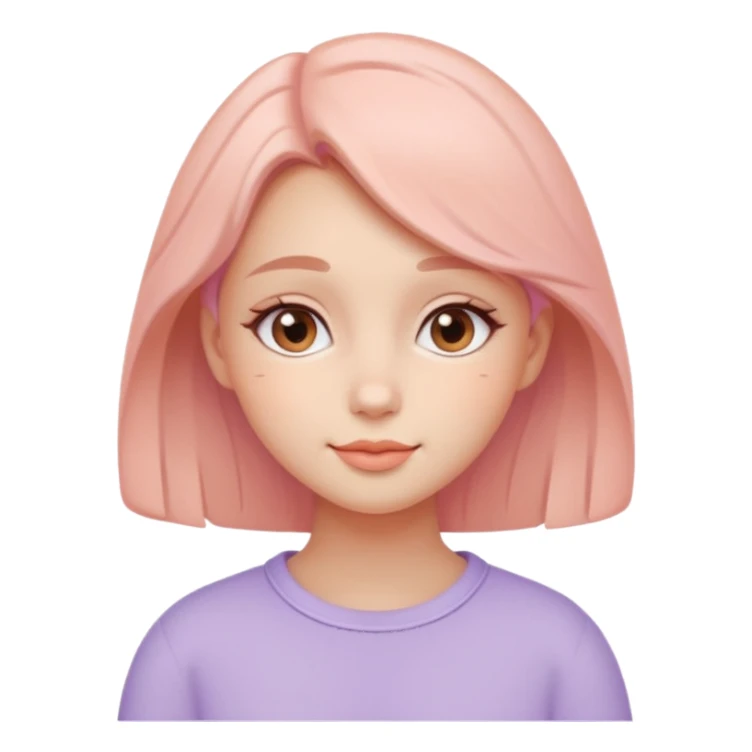 Create a cohesive set of 8 emoji-style icons that represent a kind-hearted, very lovable girl (head-and-shoulders). Requirements: soft, rounded shapes and friendly proportions; warm pastel color palette (peach skin undertone options, blush pink, warm lavender accents);  sticker