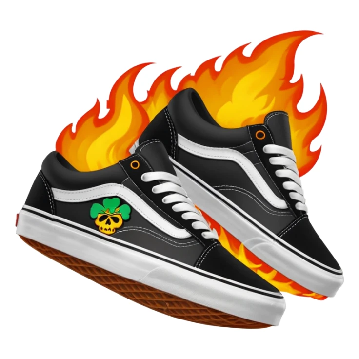 Vans shoes black skate and fire in front logo write irish khan on fire sticker