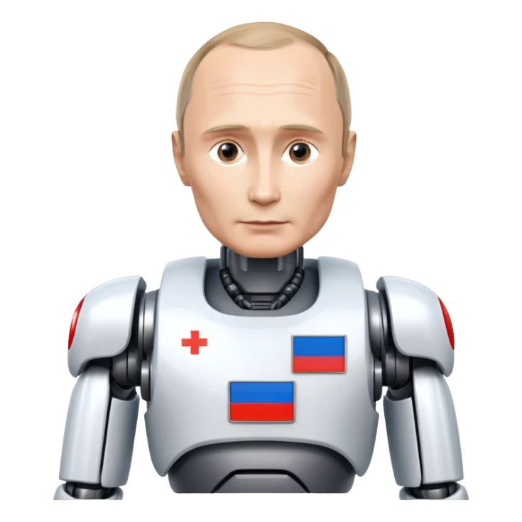 Futuristic robot with Vladimir Putin features and Russian flag colors sticker