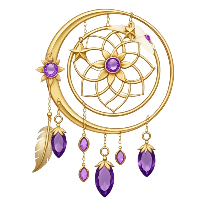 Epic beautiful gorgeous cute gold suncatcher, threads with shiny sparkly amethyst gemstones, flowers, crescents-moons, stars, gold Feathers  sticker
