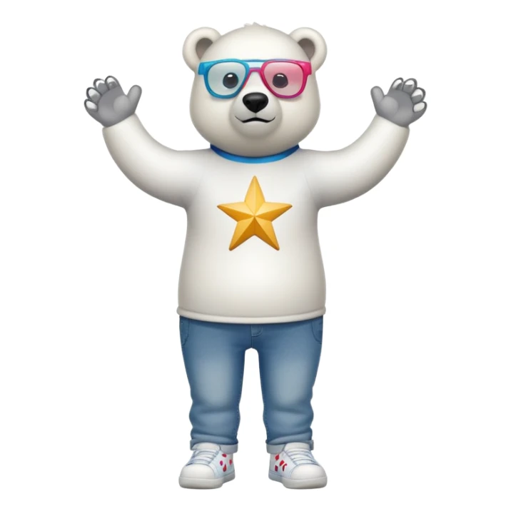 friendly anthropomorphised polar bear standing upright, looking chilled and unbothered, wearing a shirt, jeans, trainers, oversized colorful star glasses sticker