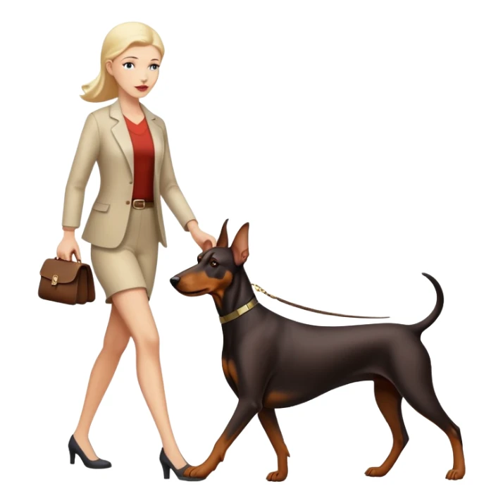 A white woman walking a Doberman sticker