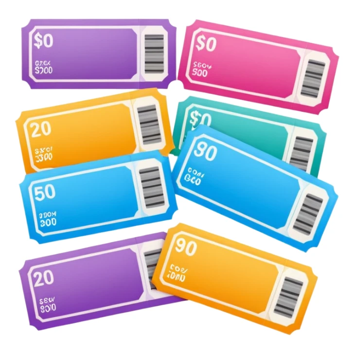 Create blank lottery coupons fanned out, clean and colorful, with different header colors and simple grid sections. No numbers, no text—just empty fields and a lottery-ticket layout. Bright, modern, and on a neutral background. sticker