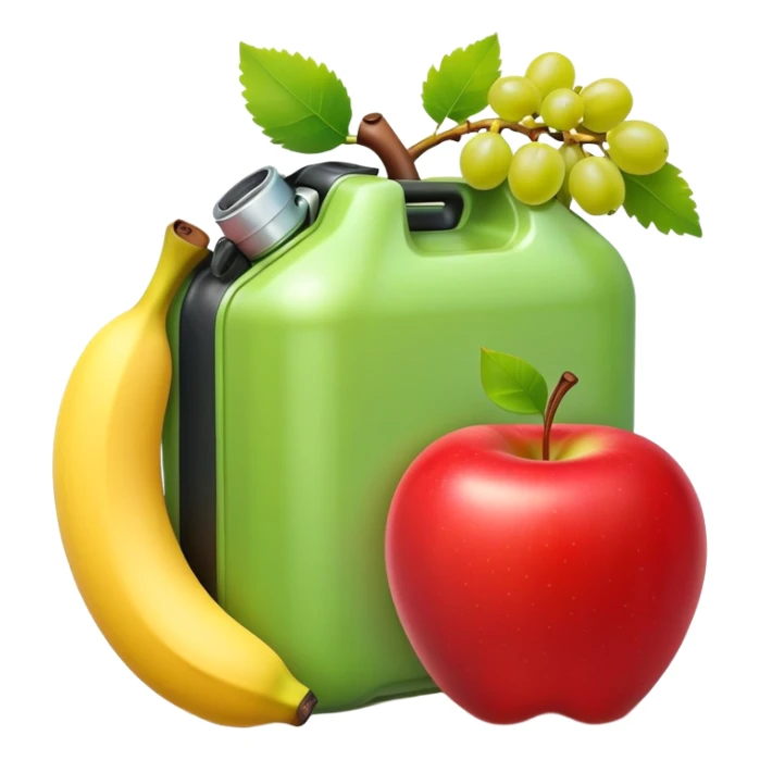 gas can surrounded by an apple, banana, and grape sticker