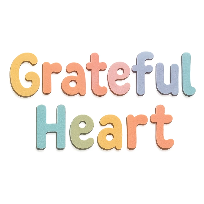 Cute hand-drawn font "Grateful Heart" in soft pastel rainbow soft puffy lettering, no outline, transparent background sticker