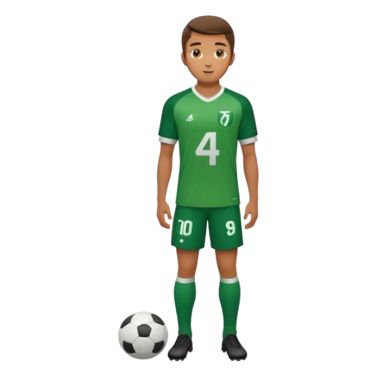 Apple iOS style 20-23 year old soccer player standing full body, green jersey #4, glossy finish sticker