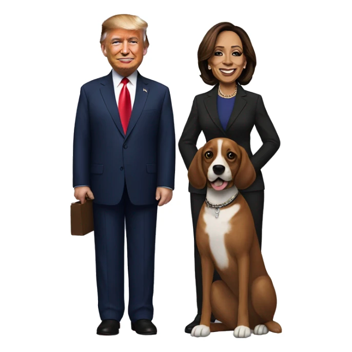 Donald Trump and Kamala Harris holding a dog sticker