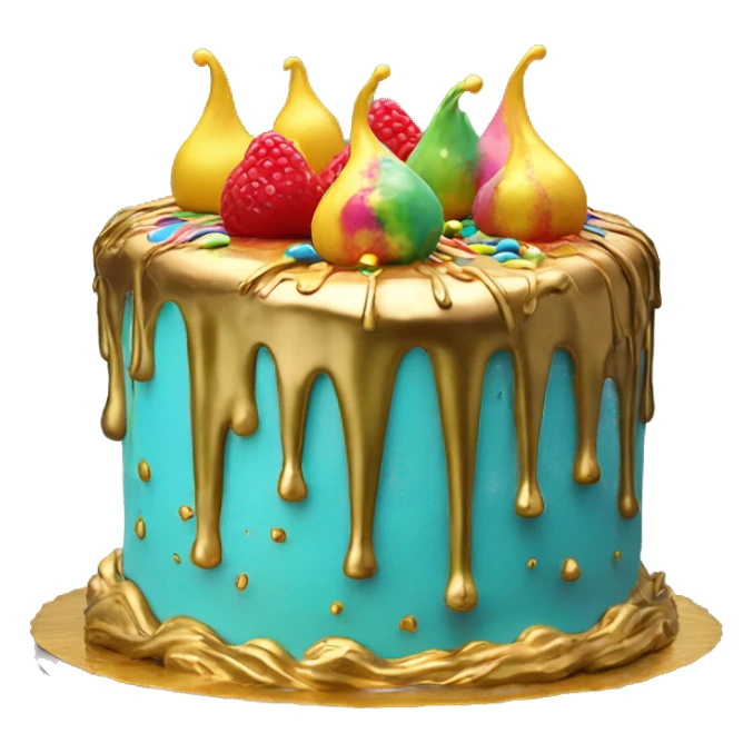 Realistic isolated colorful cake with metallic gold icing dripping from top and all down along the cake sticker