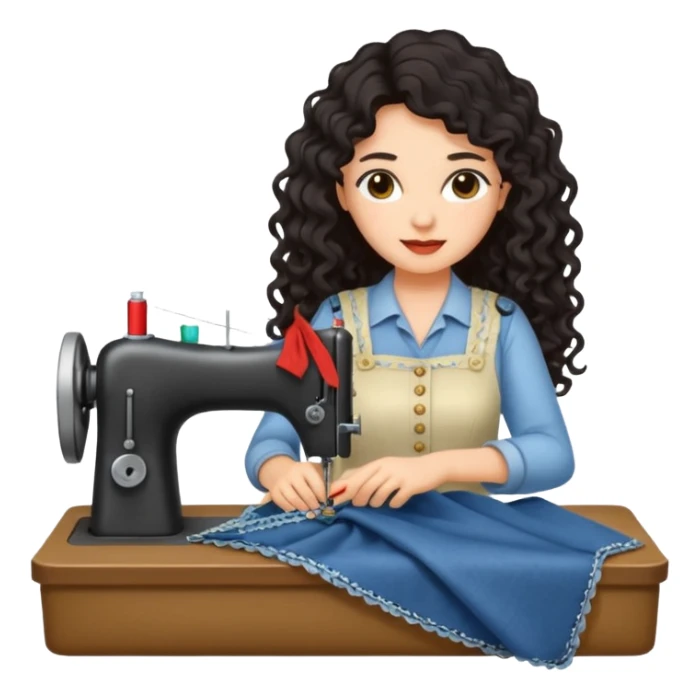 a woman with long curly dark hair sewing clothes sticker