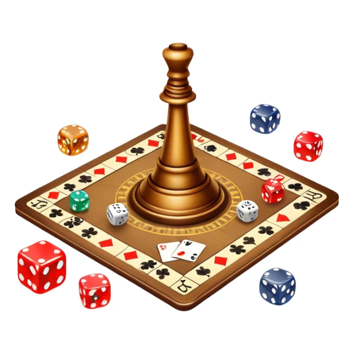 A photorealistic icon featuring dice, playing cards, game tokens, a spinning top, and a game board with various pieces on it. Bright, detailed design with realistic textures and lighting, capturing the fun and strategy of board games. Transparent background, symbolizing tabletop games. sticker