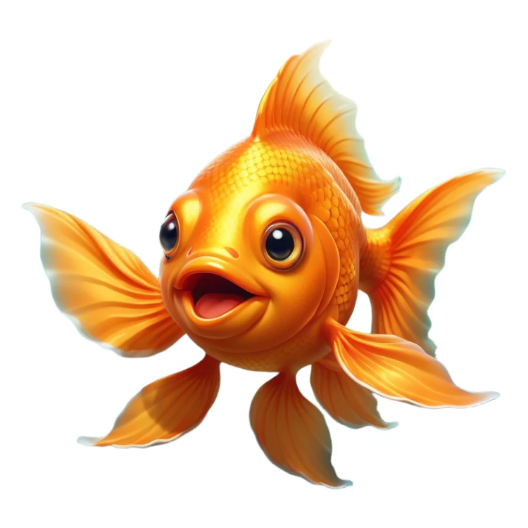 Cinematic Comical Orange Goldfish Portrait Emoji, Head tilted dramatically with an exaggeratedly amused expression, featuring a striking, glossy orange body with lively, fluttering fins, wide, expressive golden eyes filled with playful disbelief, Simplified yet hilariously expressive features, highly detailed, glowing with a slightly sassy glow, high shine, dramatic yet playful, stylized with an air of cheeky mischief, bright and endearing, soft glowing outline, capturing the essence of a spirited and over-the-top goldfish, so meme-worthy it feels like it could side-eye its way into internet fame instantly! sticker