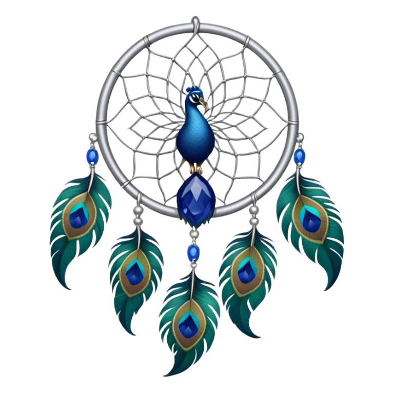 a Silver Dreamcatcher with sapphire-stones and emerald-stones, and with peacock-feathers sticker
