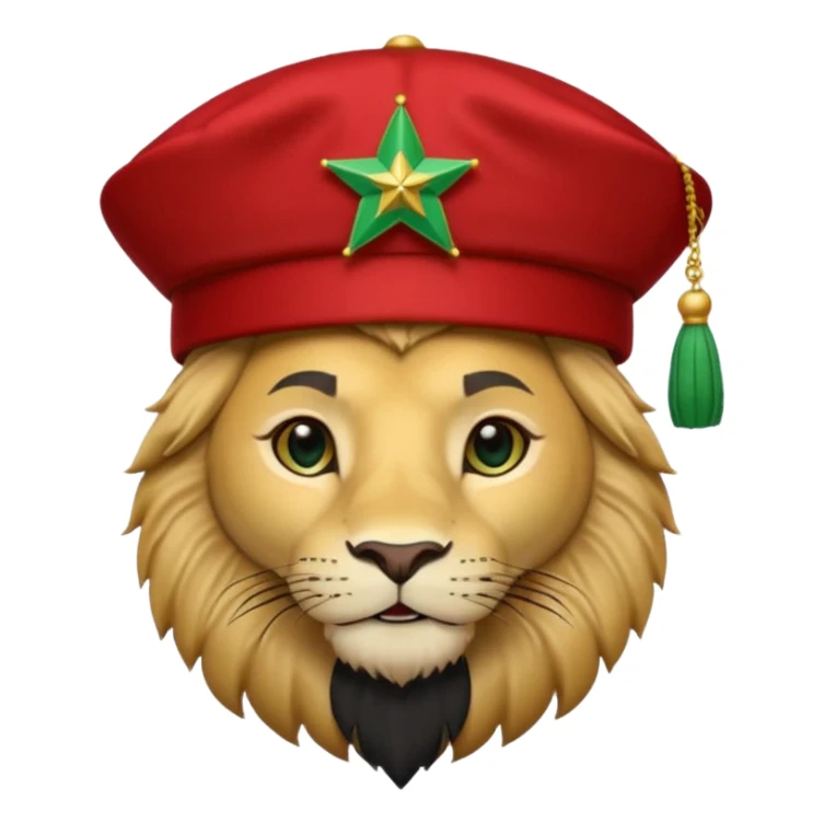 Cute lion emoji face wearing a Red Moroccan fez hat with a flat top, straight sides, a green five-pointed star on the front, and a thin black tassel hanging from the right side. sticker