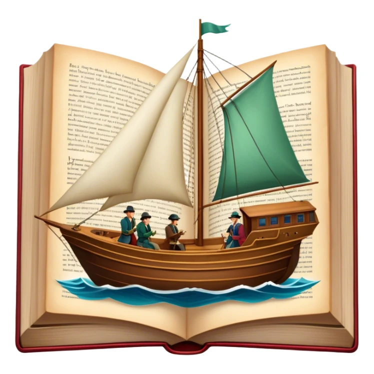 Icon for Reading Fiction: a large open book with pages turning, a sailboat sailing across the pages, Musketeers on horseback, Sherlock Holmes and other literary elements. The icon should evoke the adventurous spirit of storytelling. Transparent background. sticker