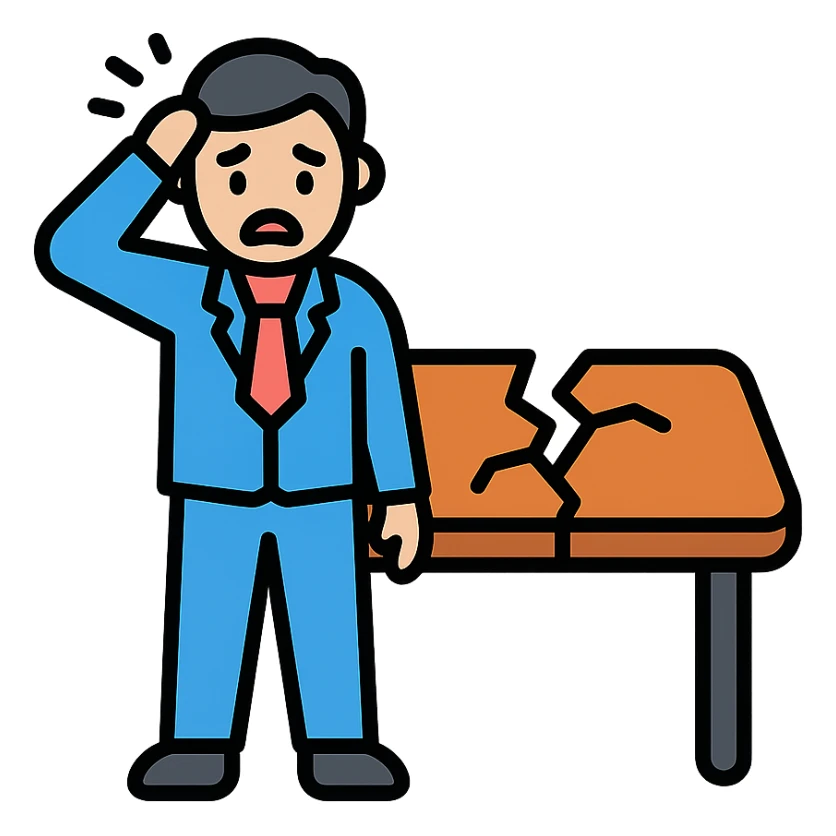 a business person standing by a shattered conference table, minimal background, expressive pose, icon style sticker