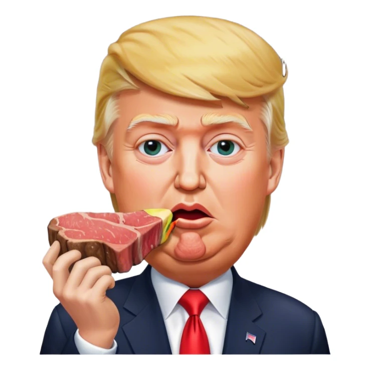 photorealistic Donald Trump eating a steak shaped like an earth sticker