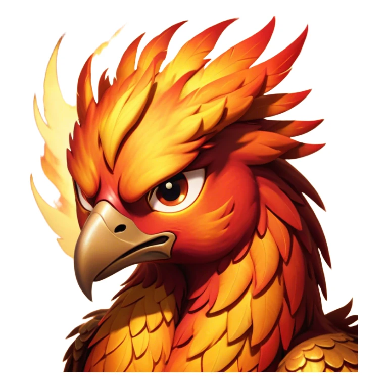 Cinematic Battle-Hardened Mystical Fire Phoenix Portrait Emoji, head bowed slightly in a moment of raw resilience, revealing a form etched with the wear of relentless conflict. Ragged, scorched plumage and half-closed, determined eyes speak to battles fought and won. Rendered with authentic detail and dramatic natural light that accentuates every scar and burn, high shine, this portrayal blends vulnerability with hardened strength, outlined in a soft glow that captures the essence of a phoenix tempered by the fires of combat. sticker