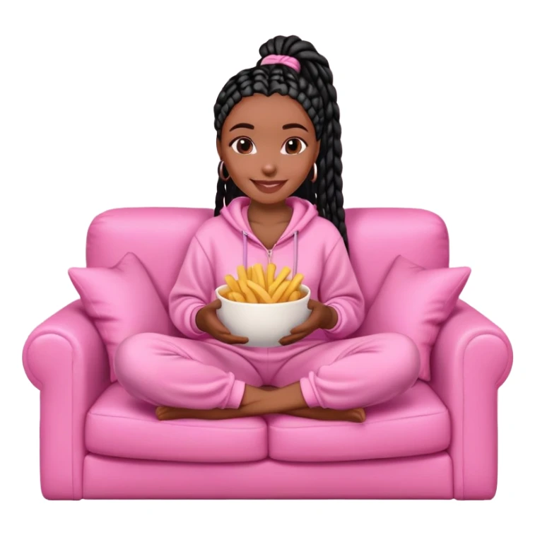 A dark-brown-skinned Black woman with black box braids, sitting on a pink couch, holding a bowl of French fries in her lap, smiling or casually enjoying the snack. She’s wearing comfy loungewear, relaxed in a cozy setting. sticker