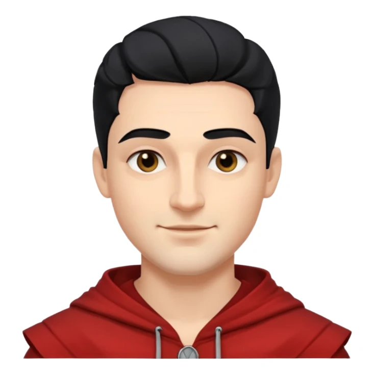 A handsome man with fair complexion. masculine, roman, slightly crooked nose. Thick triangular eyebrows. Hooded eyes and black pupils.  smily lips with a heavy top lid.  thick black hair  80/20 part with an undercut.  sticker