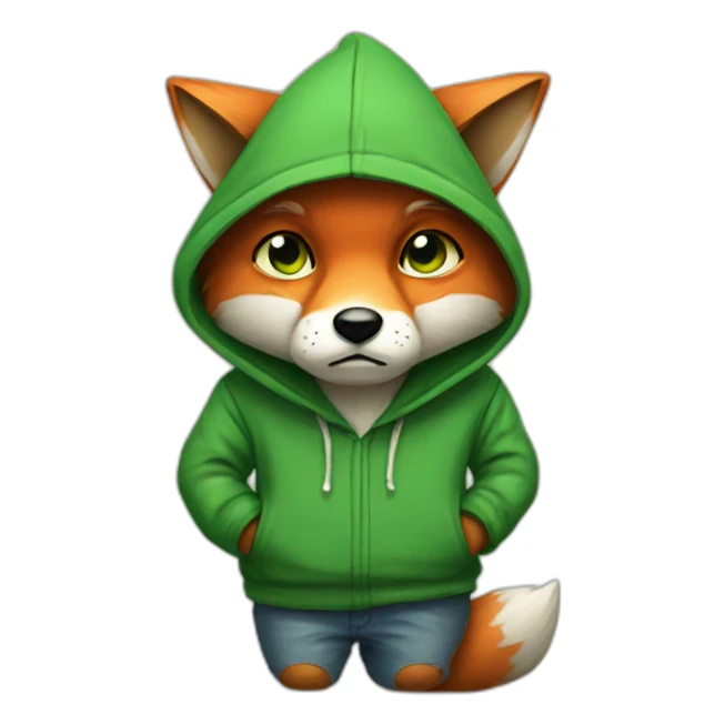 A sad fox with one eye and a green hoodie sticker