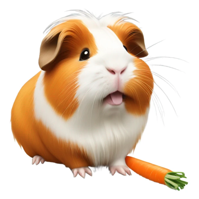 orange and white long hair guinea pig eating a carrot sticker