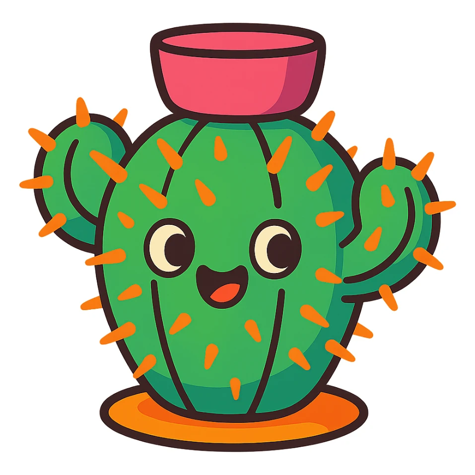 colorful cartoon cactus plant with spines, rounded shape, friendly expression sticker