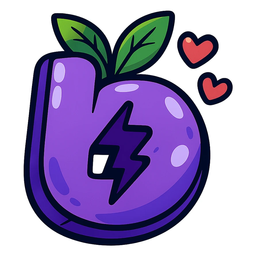 plump vibrant Boosty logo cartoon style purple 'b' with lightning bolt cutout bold outline expressive shadows glossy highlights no background decorated with both leaves and hearts sticker
