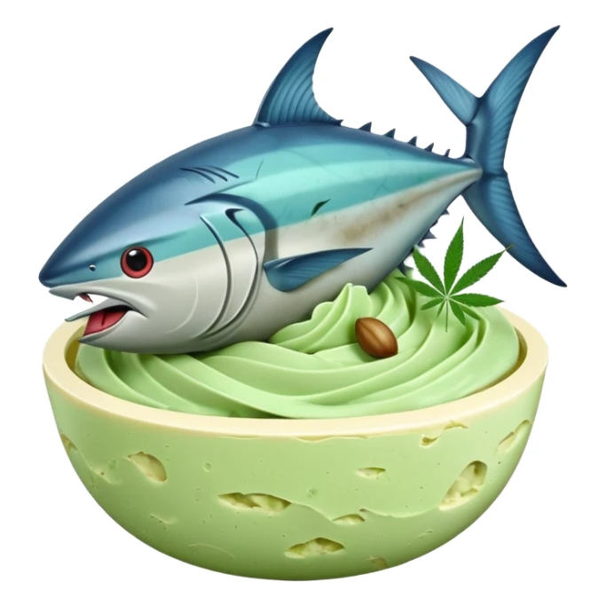 bluefin tuna in a gelato with cannabis leaf sticker