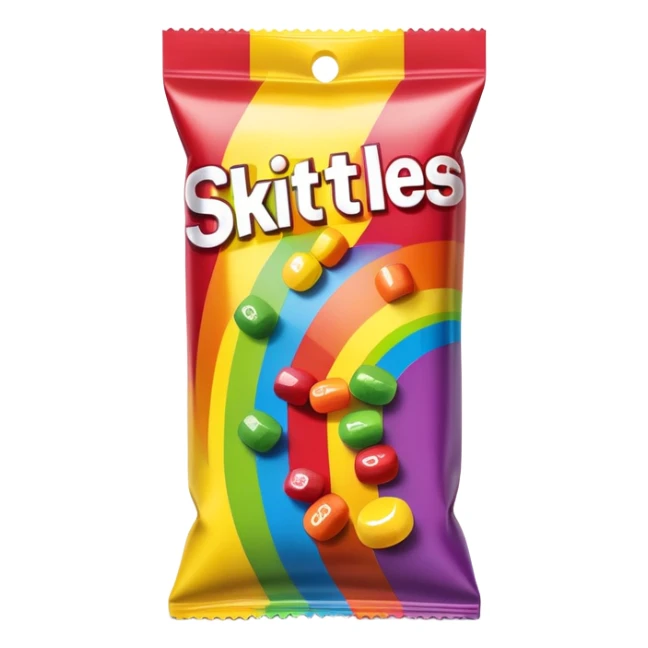 A damaged Skittles package repaired with strips of clear scotch tape, colorful packaging with rainbow colors, minimalist sticker