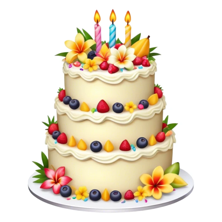 Realistic confetti vanilla birthday cake, elaborate, layered, with tropical flowers and fruits  sticker