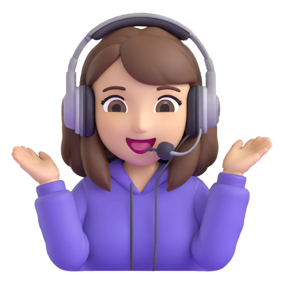 brown-haired gamer girl, excited expression, headphones, head only, emote sticker