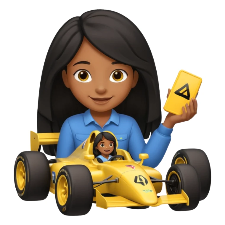  long black haired black girl kid playing yellow colored formula 1 car toy sticker