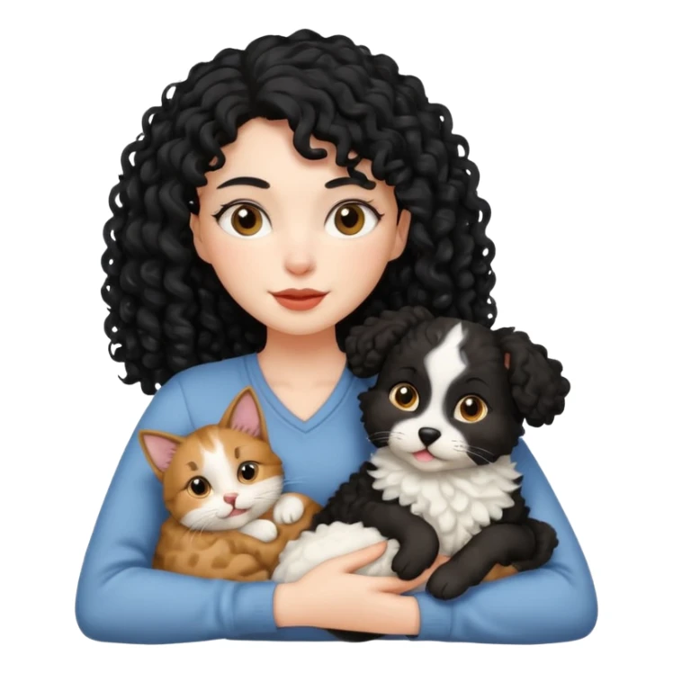 Moça branca com cabelo cacheado preto. Com um gato e um cachorro no colo sticker