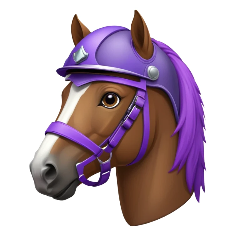 A horse with a purple driver helmet sticker