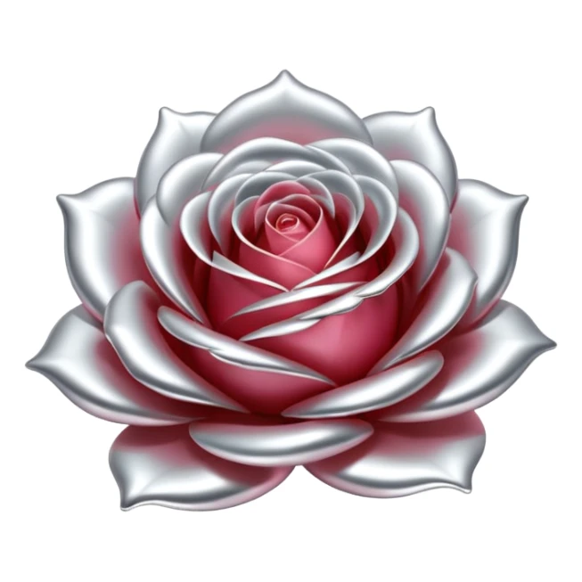 A rose emoji made of liquid silver metal, smooth metallic petals, reflective chrome surface, soft gradients, elegant shape, minimalistic iOS emoji style, centered, clean white background, realistic highlights, no text sticker