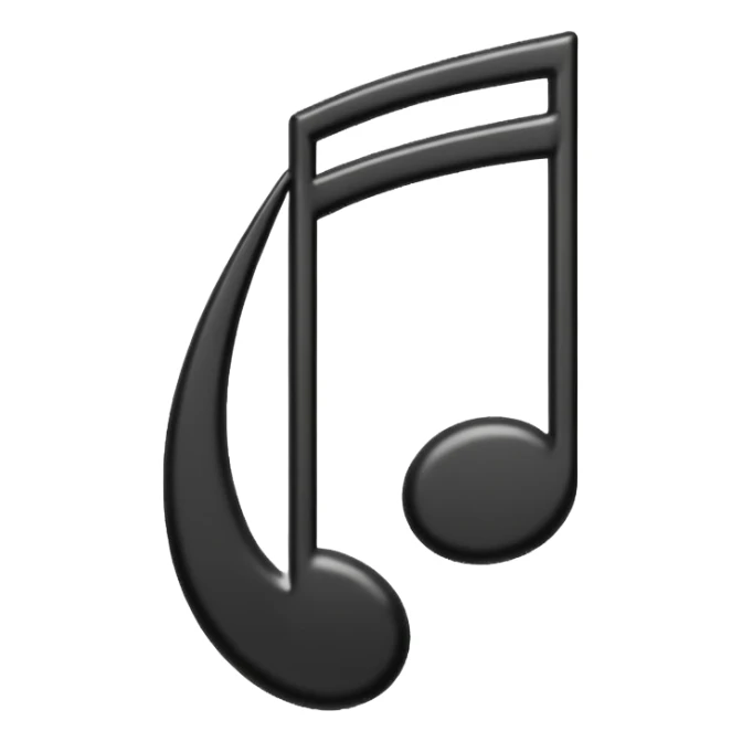 single musical note emoji, deep matte black metal material, smooth rounded geometry sticker