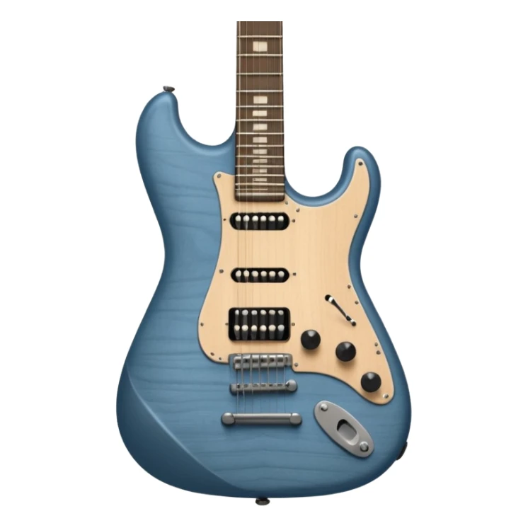 A gray-blue electric guitar with a black pick guard and only one volume knob  sticker