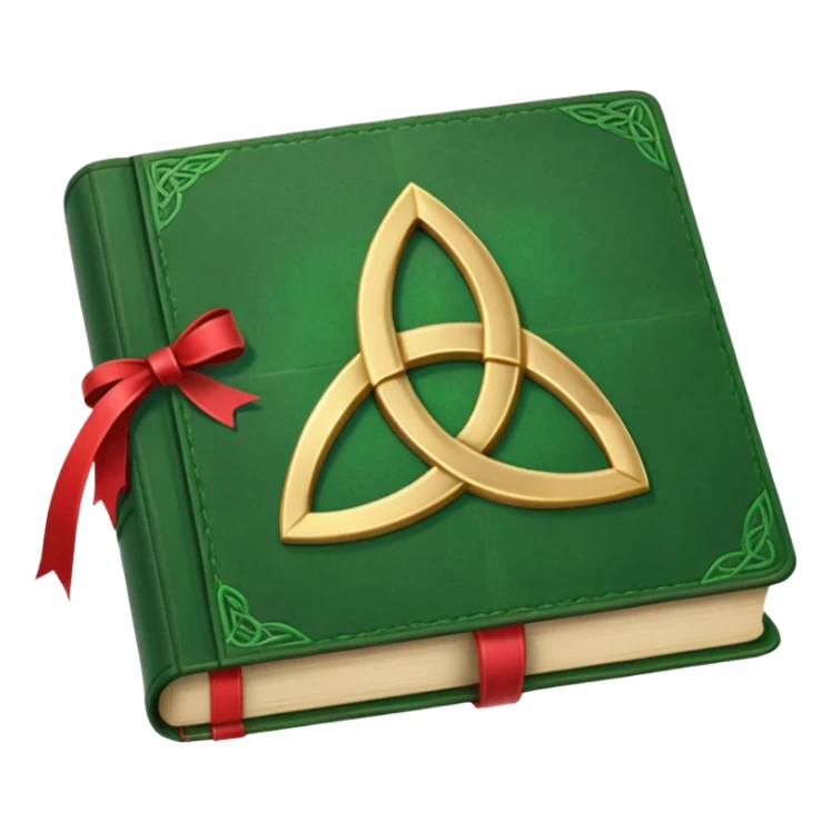 a green closed book with a golden triquetra on it with a red ribbon between the paged sticker