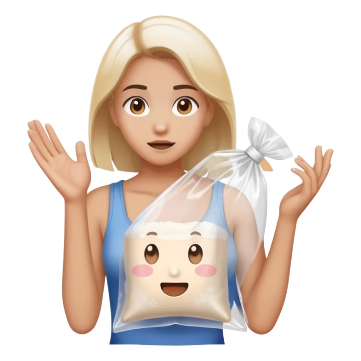 Girl shrugging holding a clear plastic bag with white powder sticker