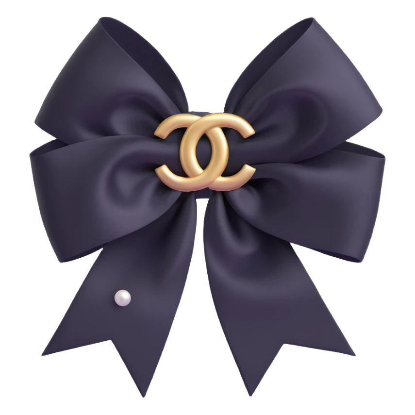 Change the bow to a double-layered satin ribbon bow, keep pearls and gold Chanel logo, elegant, glossy, black and white, 3D emoji style, with no background sticker